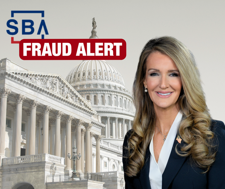 SBA fraud alert graphic featuring the U.S. Capitol and SBA Administrator Kelly Loeffler highlighting the agency's $22.2 billion pandemic loan fraud enforcement effort