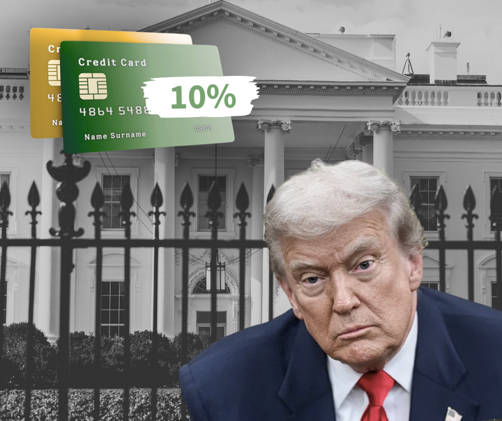 President Trump in front of the White House with credit cards and 10% interest rate cap overlay